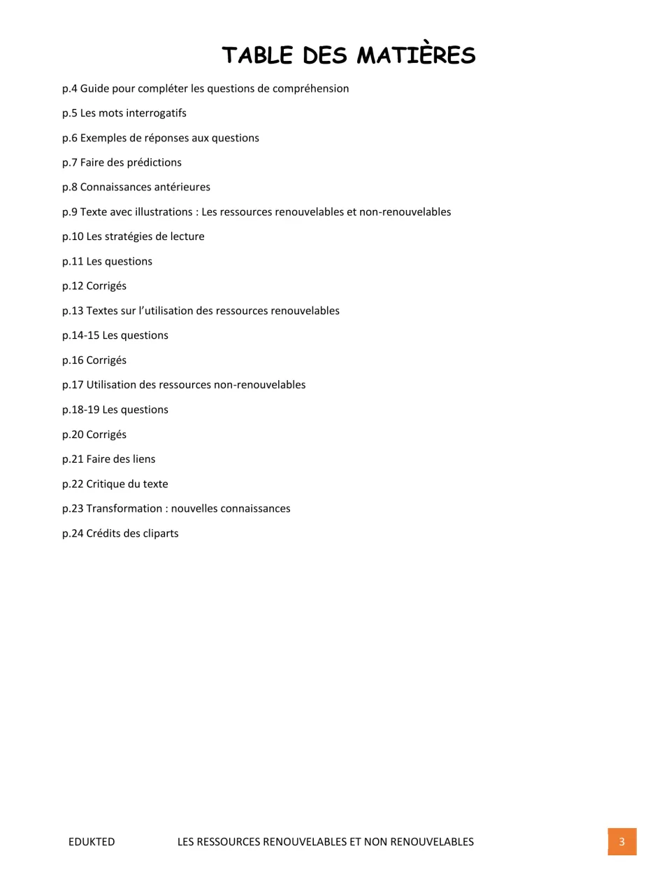 Reading packet contents list guides, resource texts, questions, answer keys, and reflections on pages 4–24