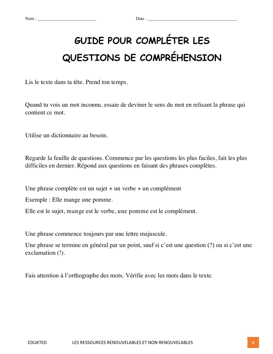 French comprehension guide explains rereading, dictionary use, complete sentences, and checking spelling