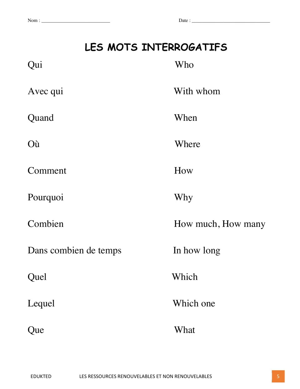 French question-word reference lists qui (who), quand (when), où (where), comment (how), and seven more