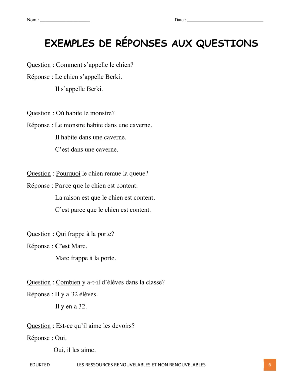 French response guide models answers to six questions about a dog, a monster, Marc, students, and homework
