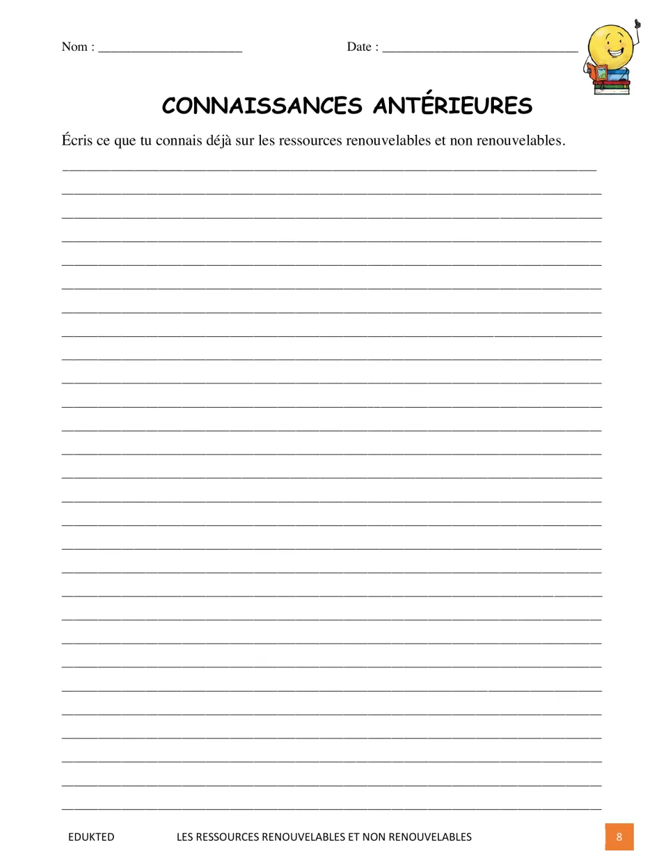 French prior-knowledge task asks students to write what they know about renewable and nonrenewable resources