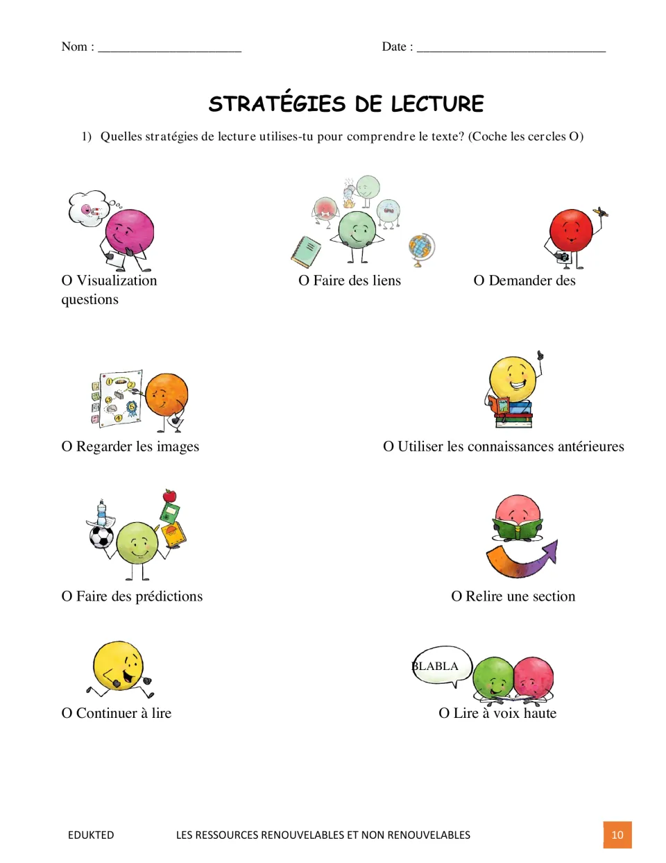 French reading strategy checklist asks students to mark tools used, including predicting and rereading