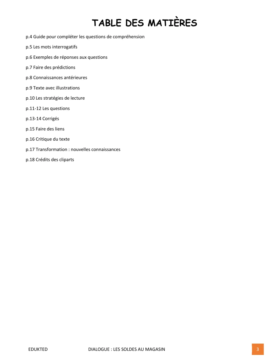 Contents for the French reading packet, listing reading guides, dialogue, questions, answers, and reflections