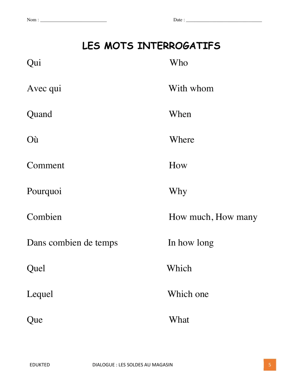 French question-word reference gives English meanings for qui (who), quand (when), où (where), and eight more