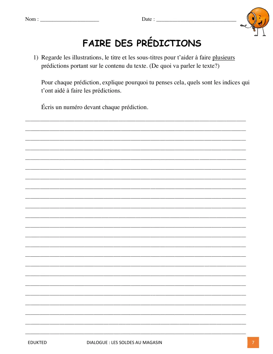 Before-reading prompt asks students to predict the French text using illustrations, titles, and supporting clues