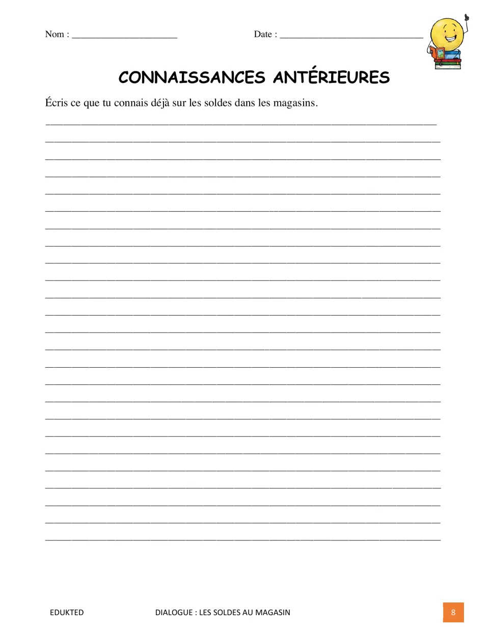 Prior-knowledge activity asks students to write in French what they already know about sales in stores