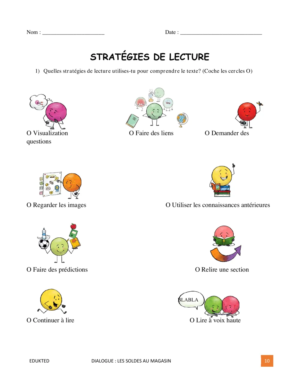 French reading-strategy checklist asks students to identify tools used, including predicting and rereading