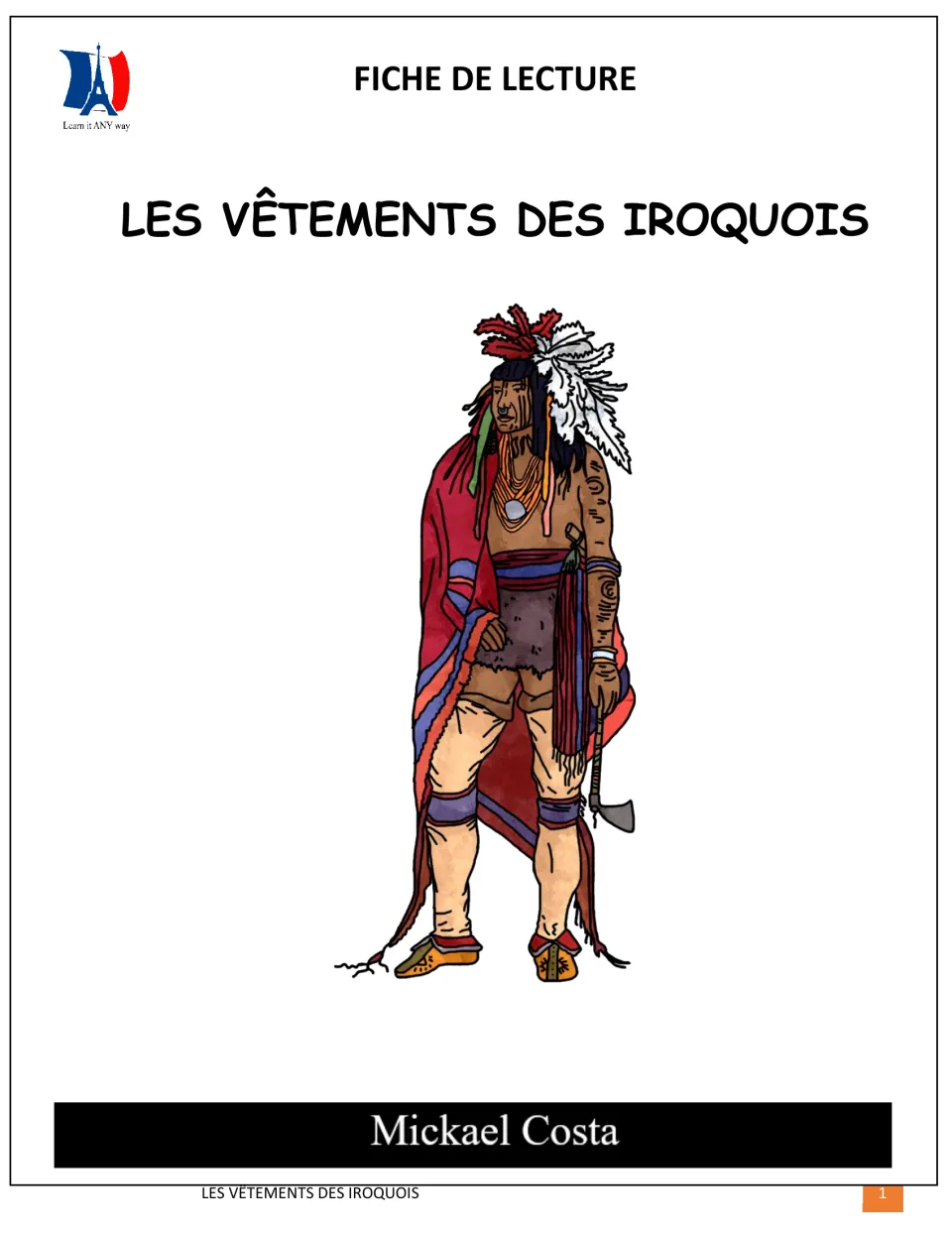 Reading packet cover: Les vêtements des Iroquois (Iroquois clothing), by Mickael Costa, with an illustration
