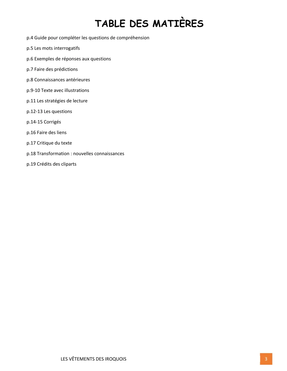 Reading packet contents list guides, predictions, a passage, questions, answer keys, and reflections