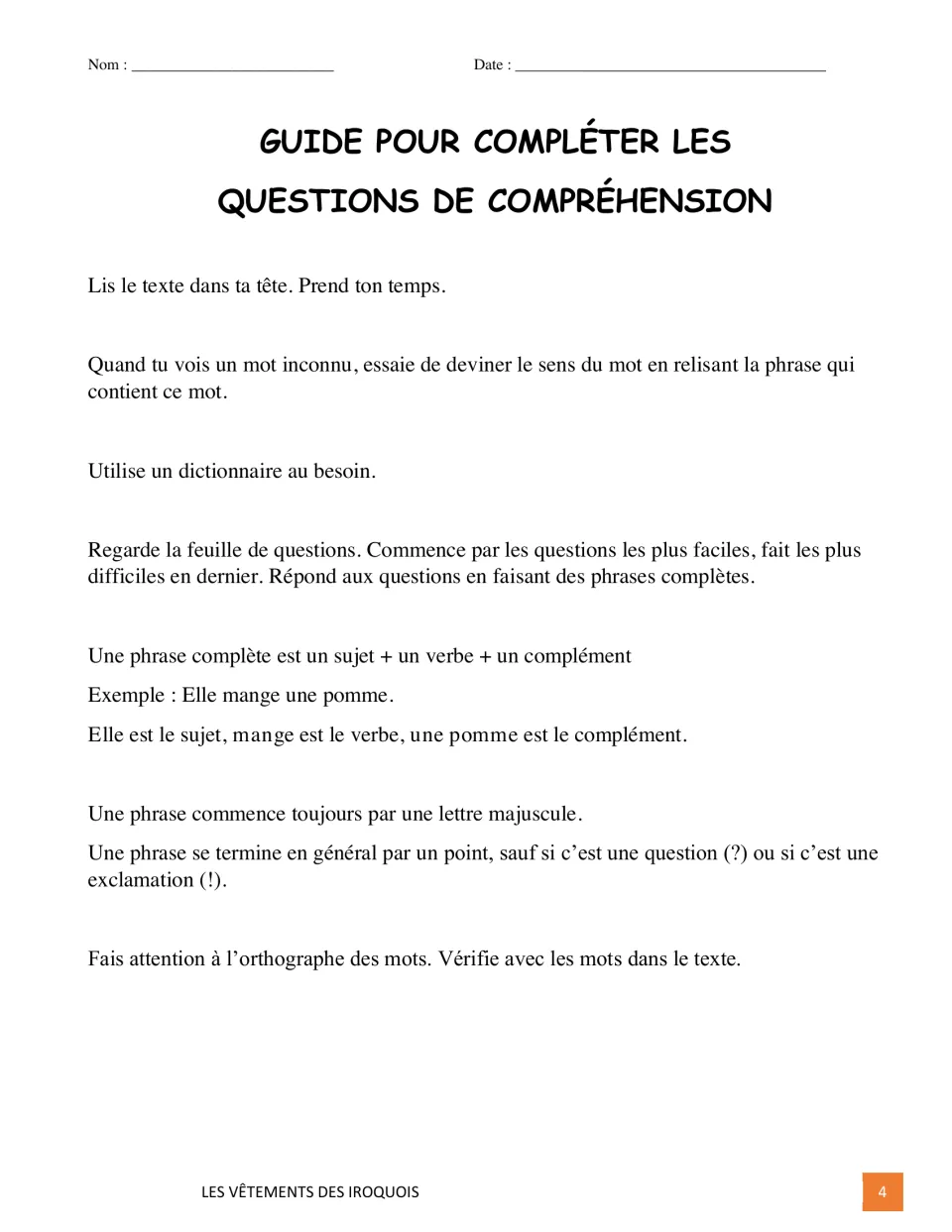 French comprehension guide explains rereading, dictionary use, complete sentences, and spelling checks