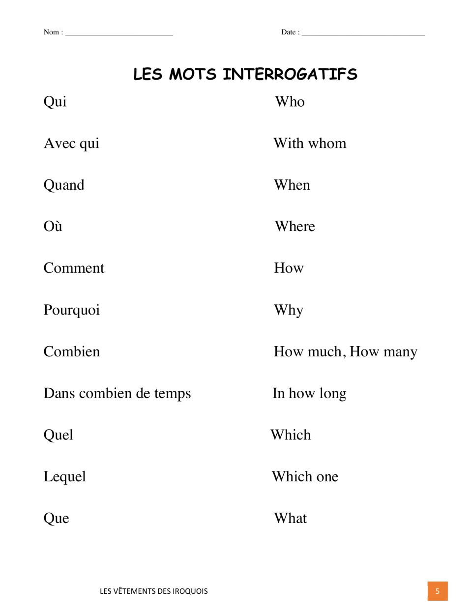 French question-word reference lists qui (who), quand (when), où (where), comment (how), and seven more