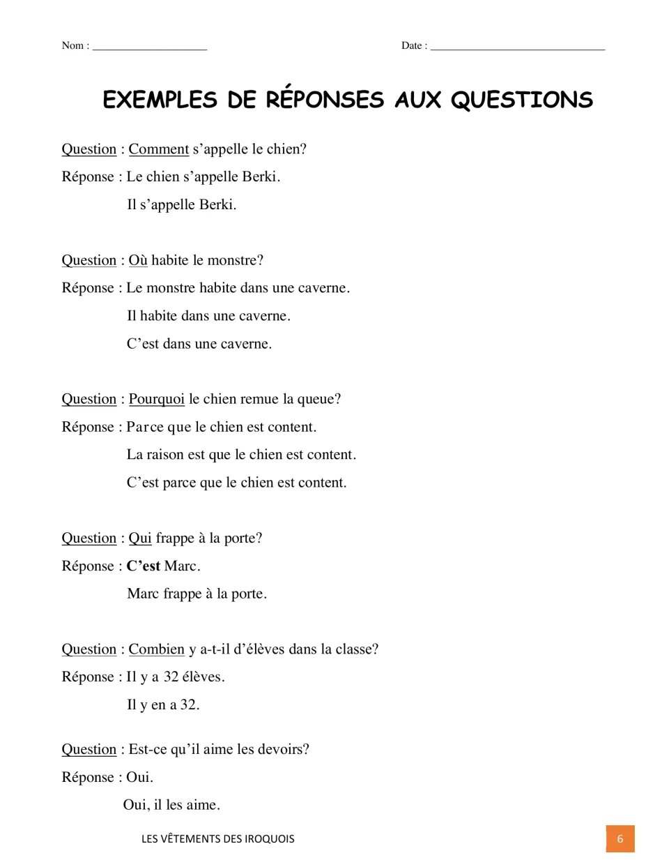 French response guide models answers about a dog's name, a monster's home, class size, and three more