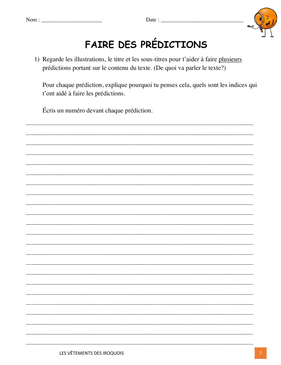 Pre-reading prediction task asks students to use illustrations, titles, and subtitles and explain clues