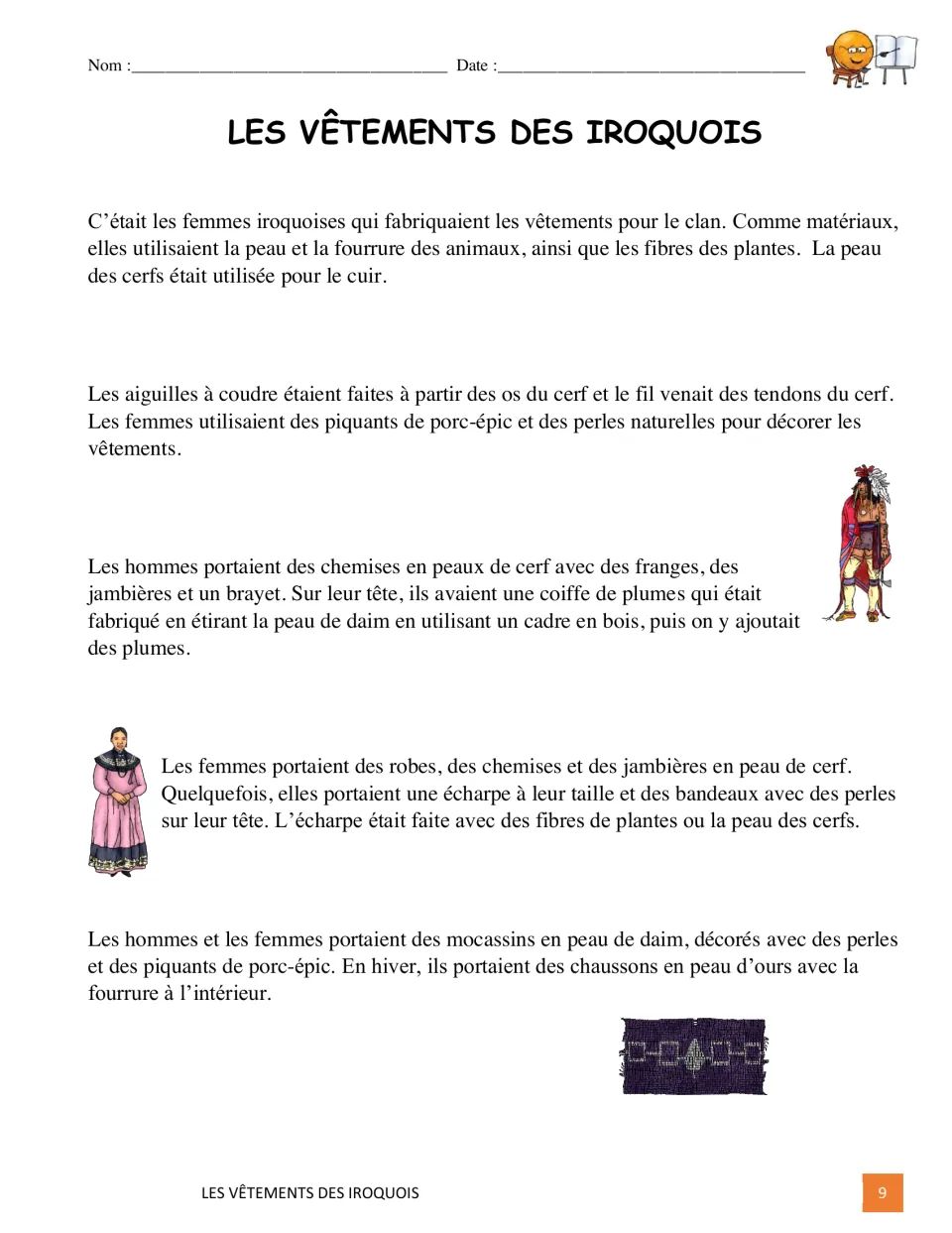 French passage, part 1, describes clothing materials, sewing tools, men's and women's clothes, and footwear