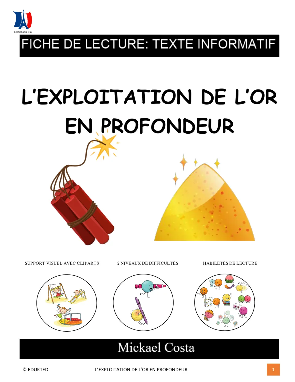 French gold mining reading packet cover identifying informational text, two difficulty levels, and reading skills