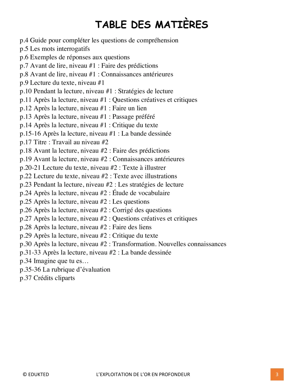 Reading packet contents list both difficulty levels, reading activities, an answer key, rubrics, and credits