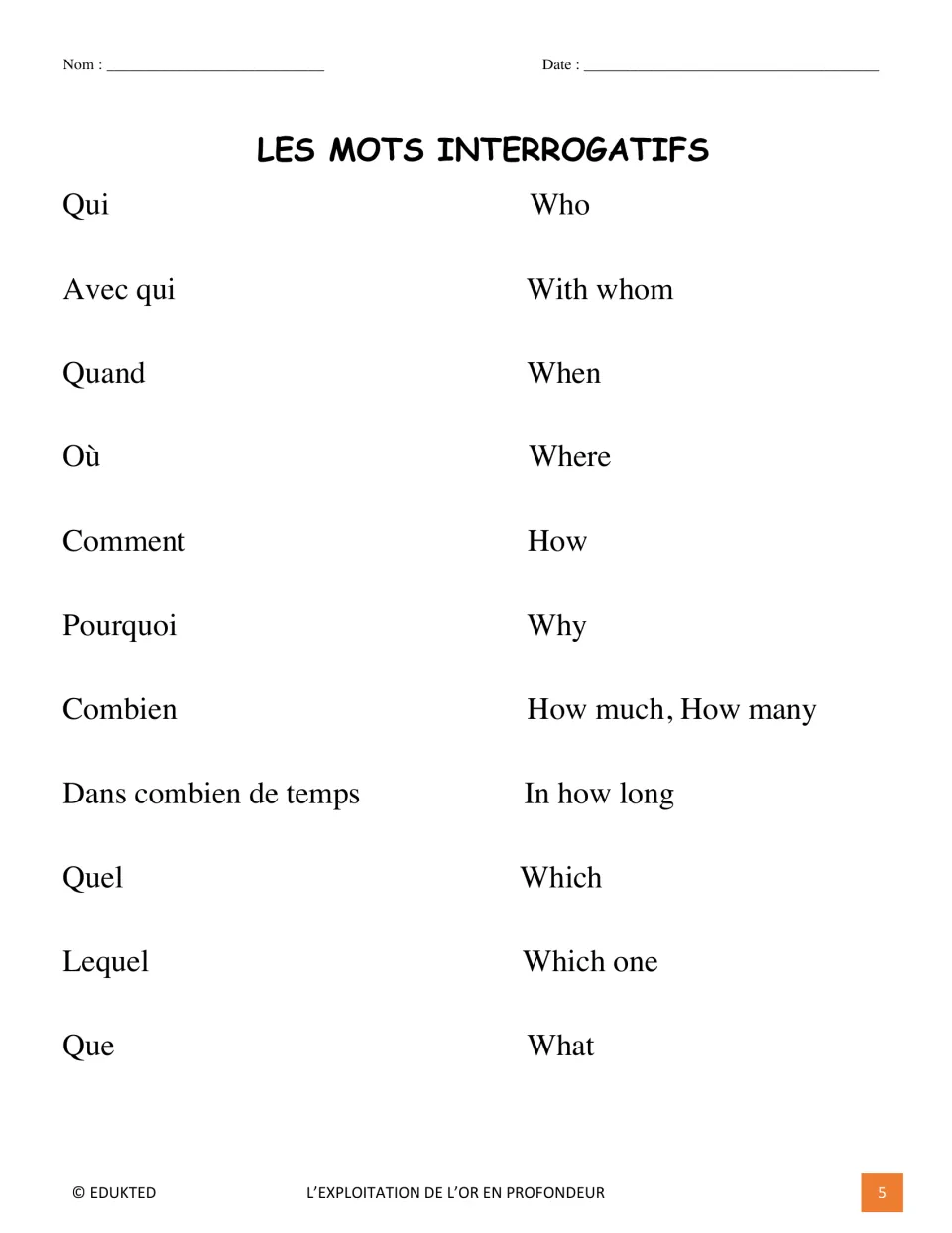 French question-word reference lists qui (who), quand (when), où (where), comment (how), and seven more entries