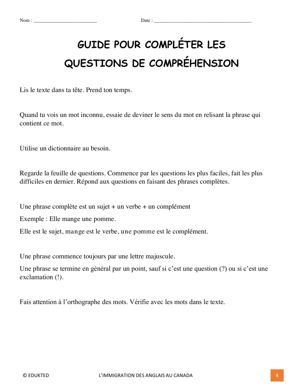 Comprehension guide explains rereading, dictionary use, complete sentences, capitalization, and spelling