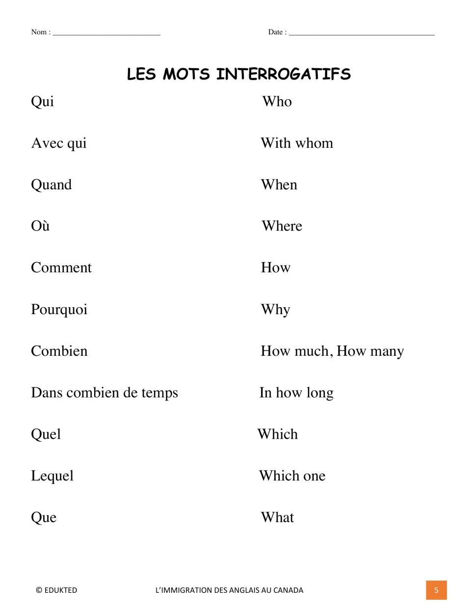 French question-word reference lists qui (who), quand (when), où (where), pourquoi (why), and seven more
