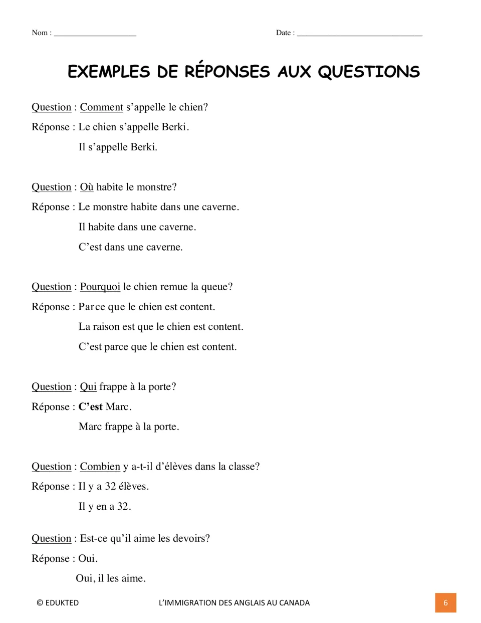 French response models show six questions about a dog, a monster, a visitor, class size, and homework