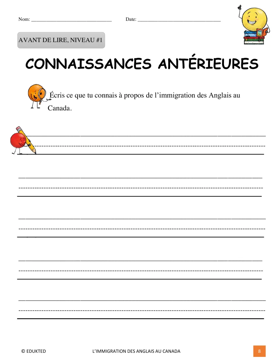 Level 1 prior-knowledge task asks students to write what they know about English immigration to Canada