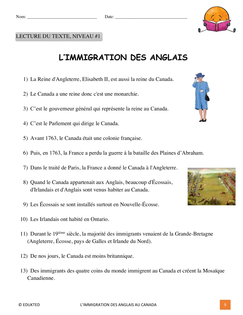 Level 1 French passage presents 13 numbered statements about Canada’s monarchy and immigration history