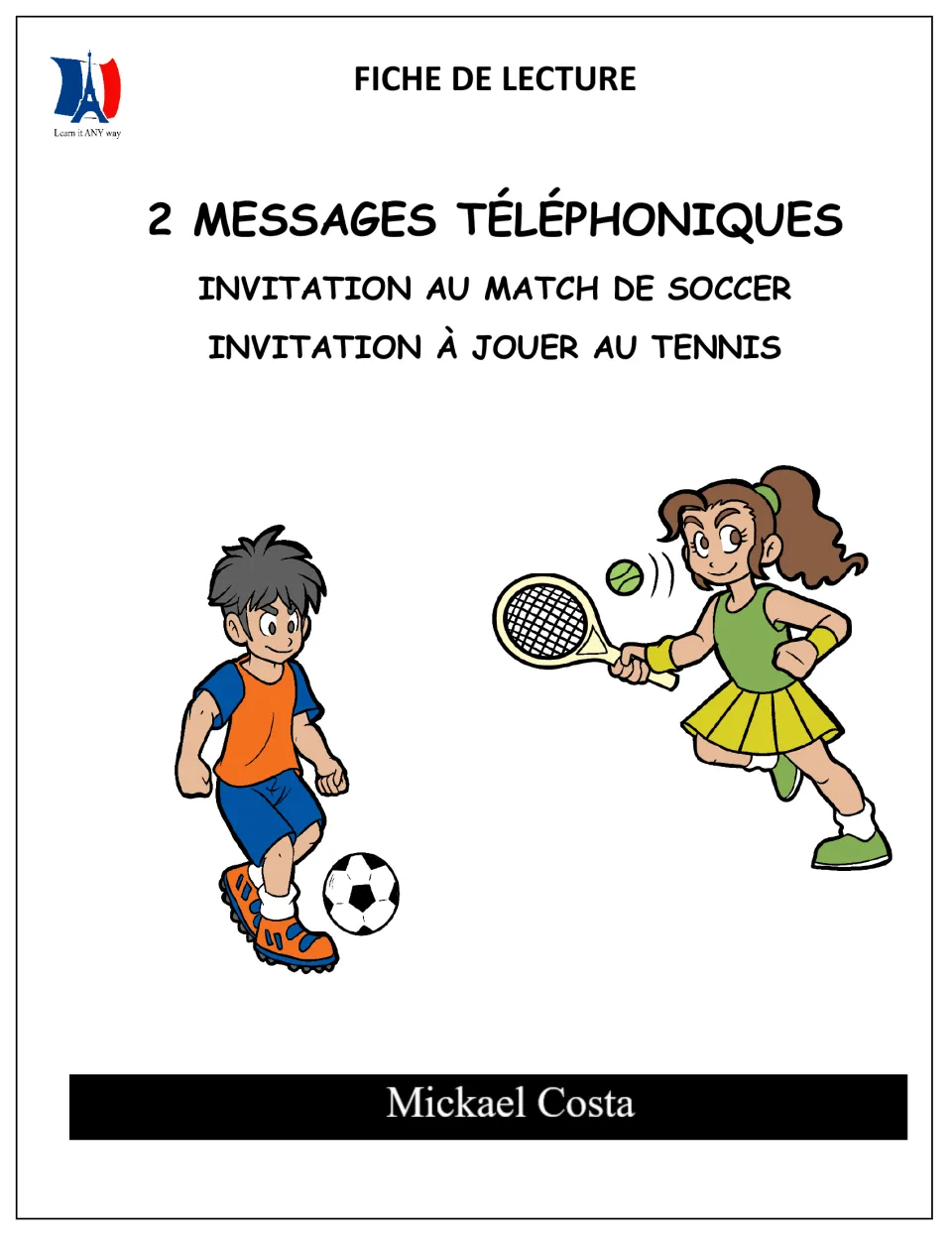 Cover of a French reading packet featuring two telephone messages: invitations to play soccer and tennis