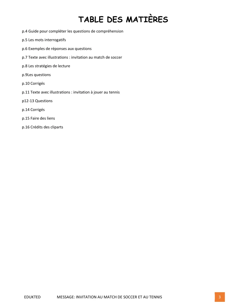 Contents for the French reading packet, listing guides, soccer and tennis texts, questions, and answer keys