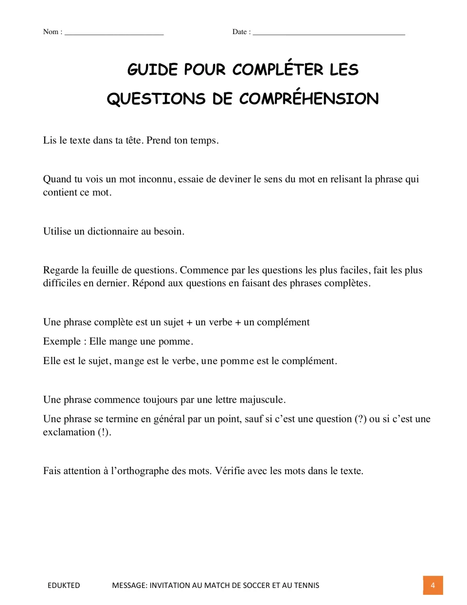 French comprehension guide covering unfamiliar words, complete sentences, capitalization, and spelling