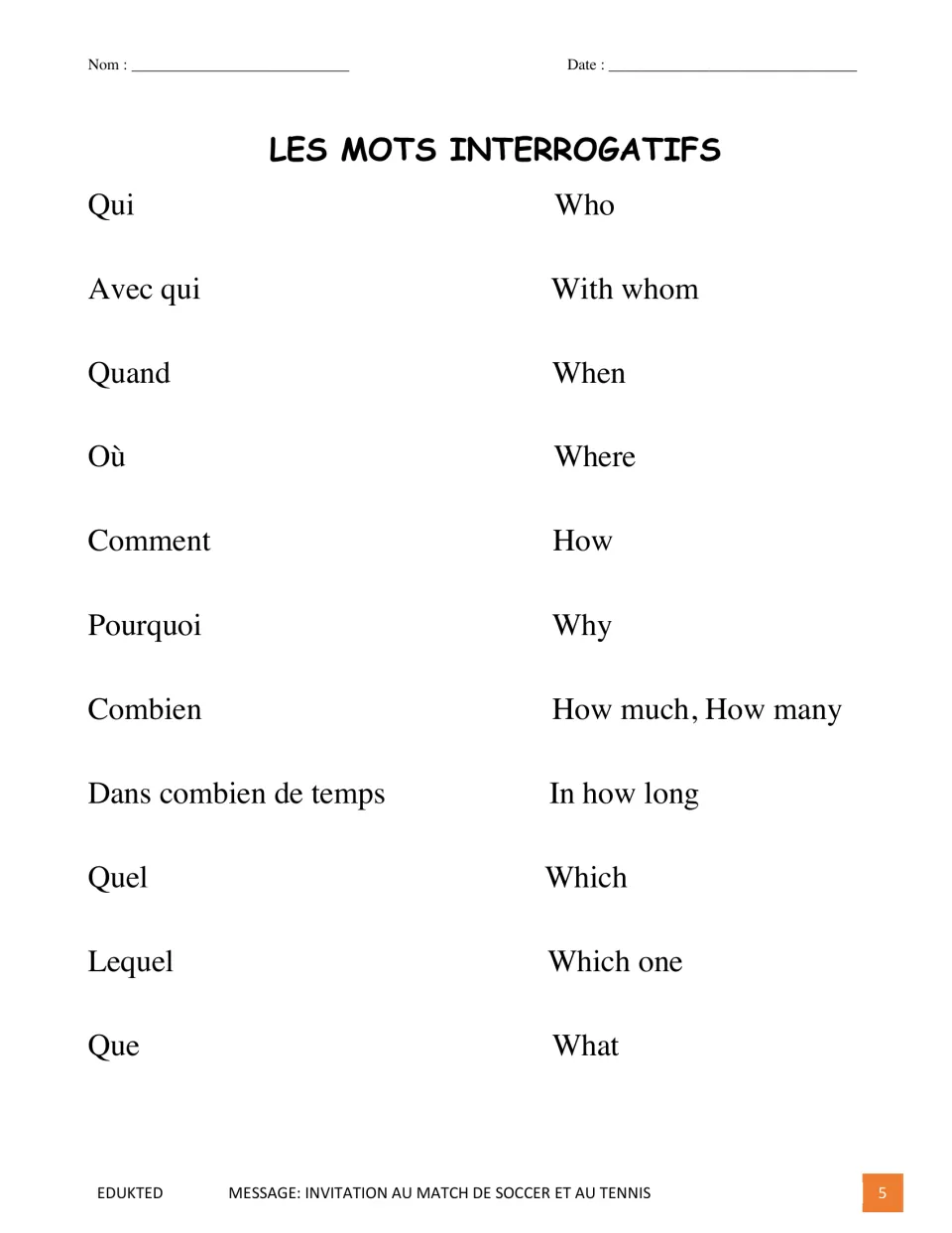 French question-word reference: qui (who), quand (when), où (where), comment (how), and seven more entries