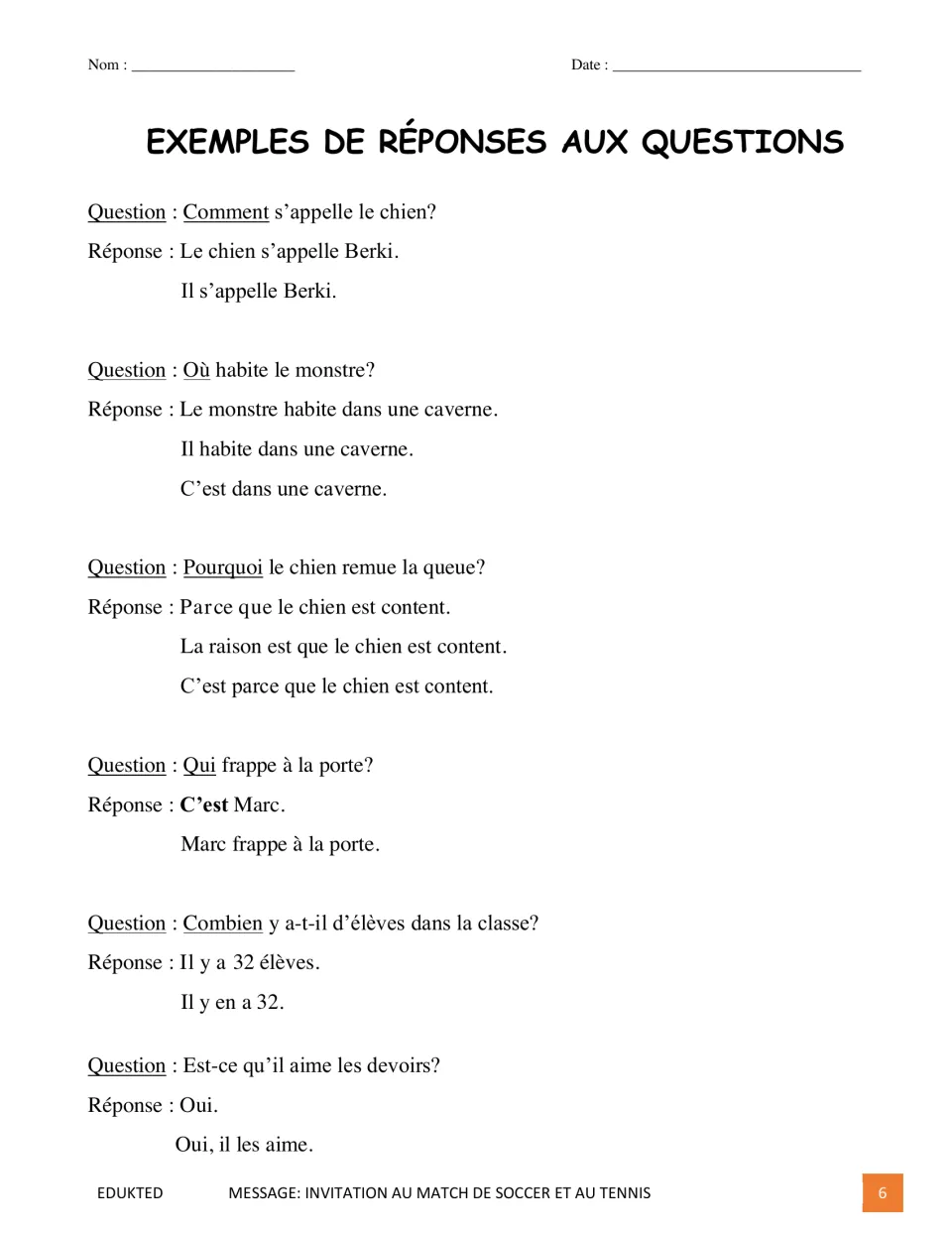 French model responses to six questions about a dog, a monster, a visitor, class size, and homework