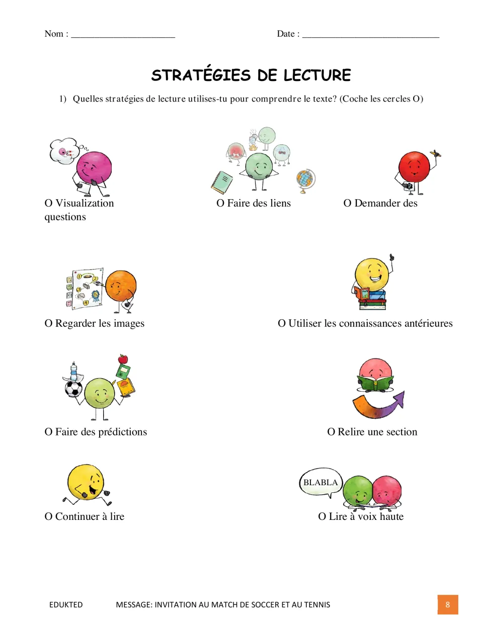 Reading strategy checklist in French: visualizing, making connections, asking questions, and six more