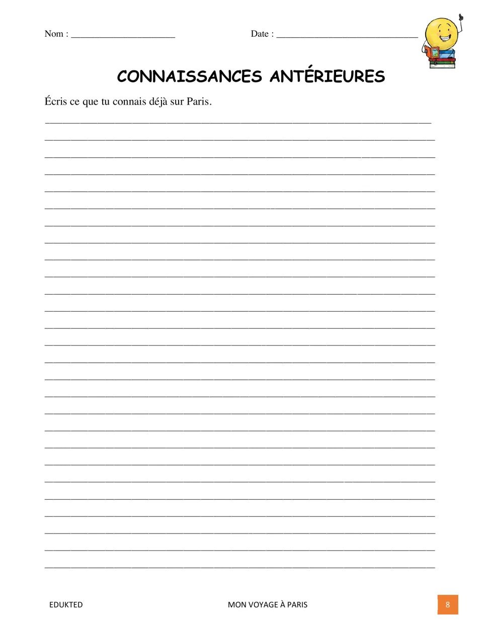 Prior knowledge activity in French: students write everything they already know about Paris before reading the text