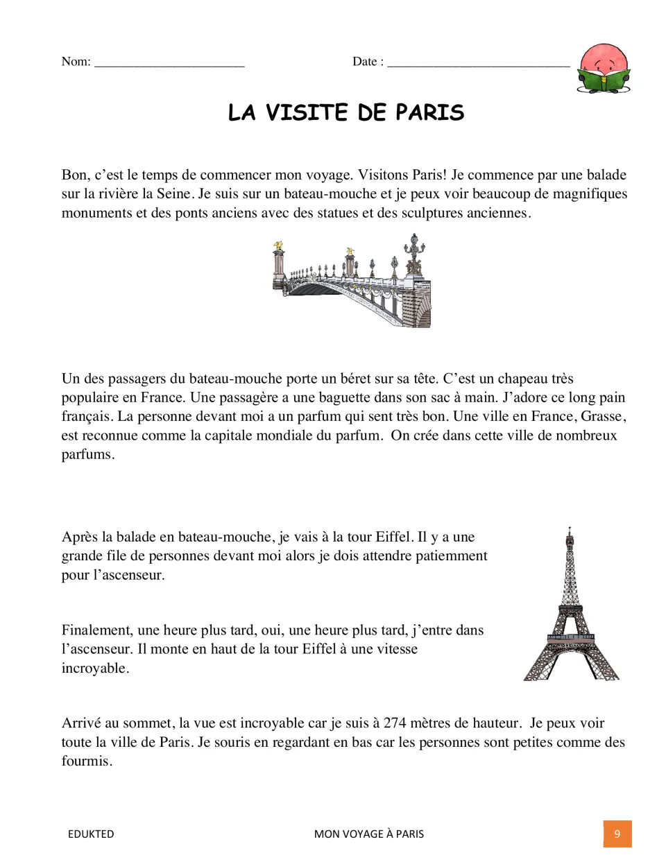 La visite de Paris reading text, part 1: a Seine boat ride, beret, baguette, Grasse perfume and the Eiffel Tower climb