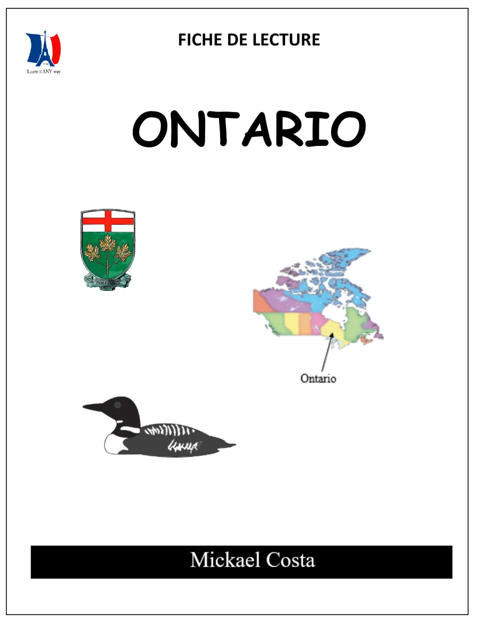Fiche de lecture Ontario cover with the provincial shield, a Canada map pointing to Ontario and a loon