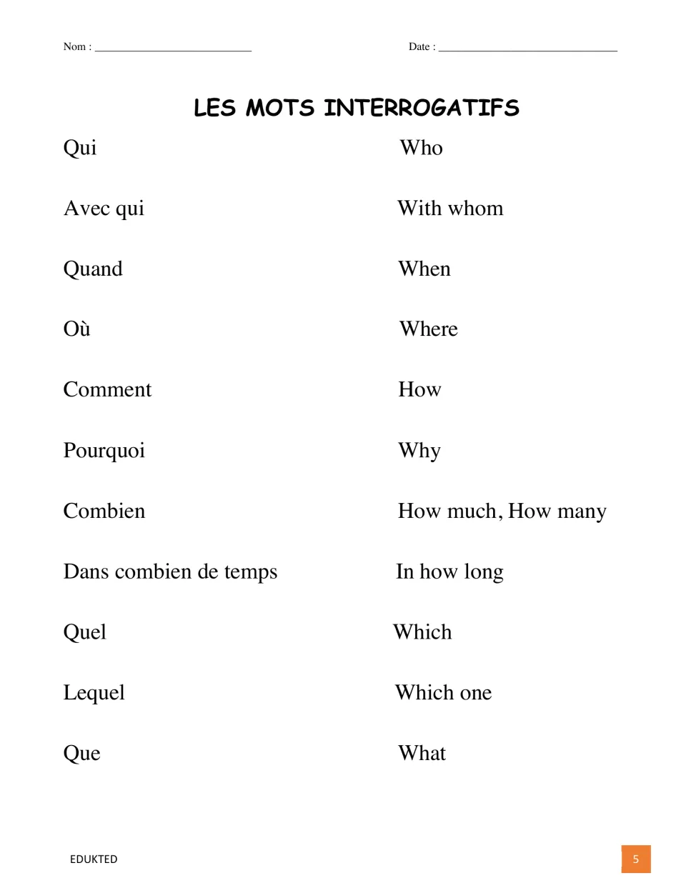 Les mots interrogatifs: 11 French question words such as qui, où and pourquoi, each paired with its English meaning