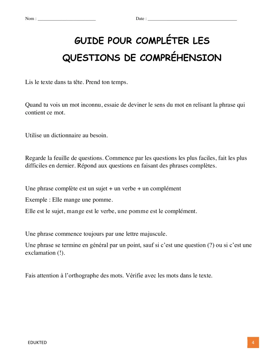 Guide for answering comprehension questions: French tips on unknown words, complete sentences, capitals and punctuation