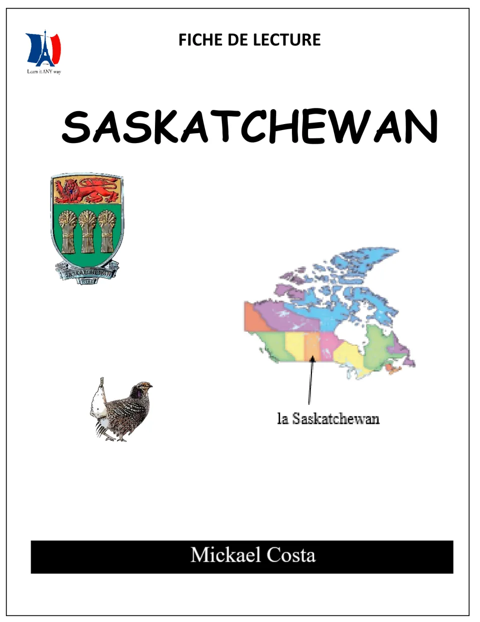 French reading packet cover titled Saskatchewan, with a provincial coat of arms and a map locating the province
