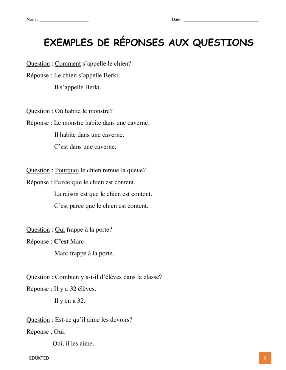 French response guide models answers to six questions about a dog, a monster, a visitor, students, and homework