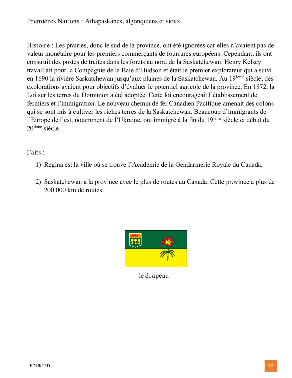 French passage part 2 covers Saskatchewan's First Nations, settlement history, provincial facts, and flag