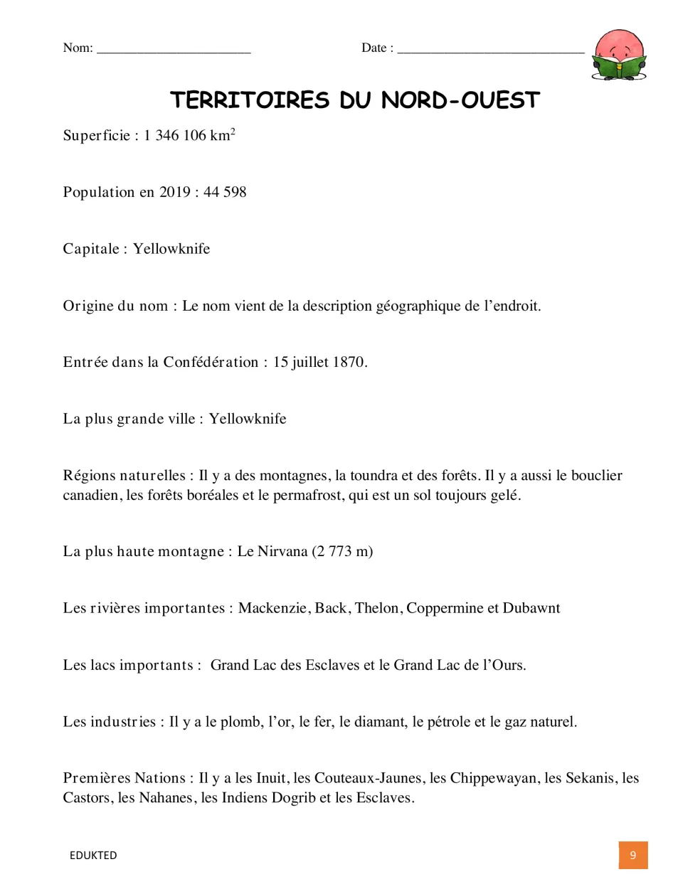 French reading text, part 1: Northwest Territories facts include Yellowknife, 2019 population, and geography