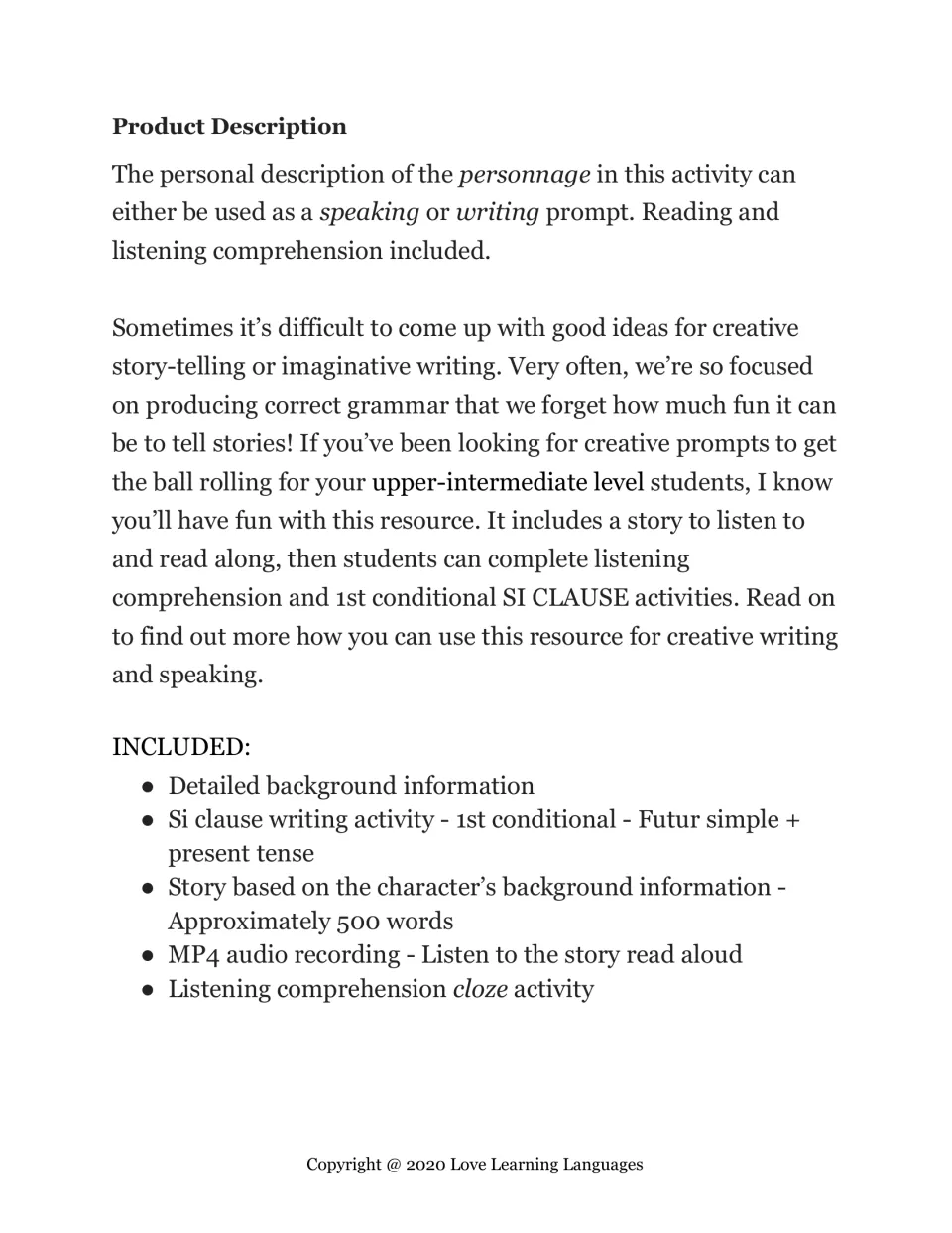Overview page listing what's included: si clause writing, a 500-word story, audio recording and a listening cloze