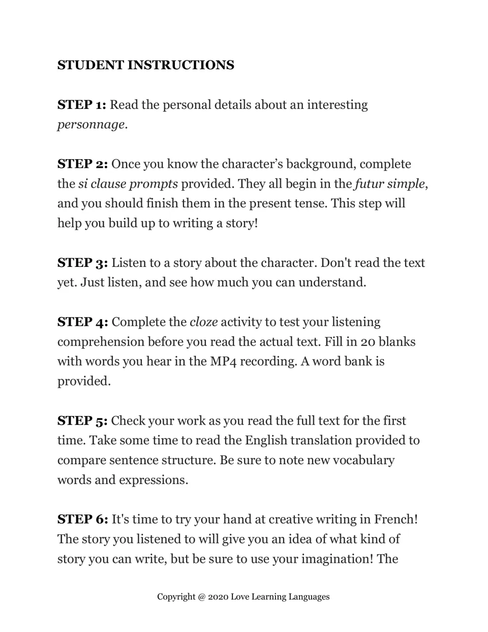 Student steps 1–6: read character details, write si clauses, listen, fill 20 cloze blanks, then write a story
