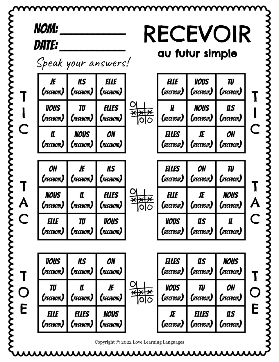 Recevoir in the futur simple: students say the verb aloud for each subject pronoun on six tic-tac-toe boards