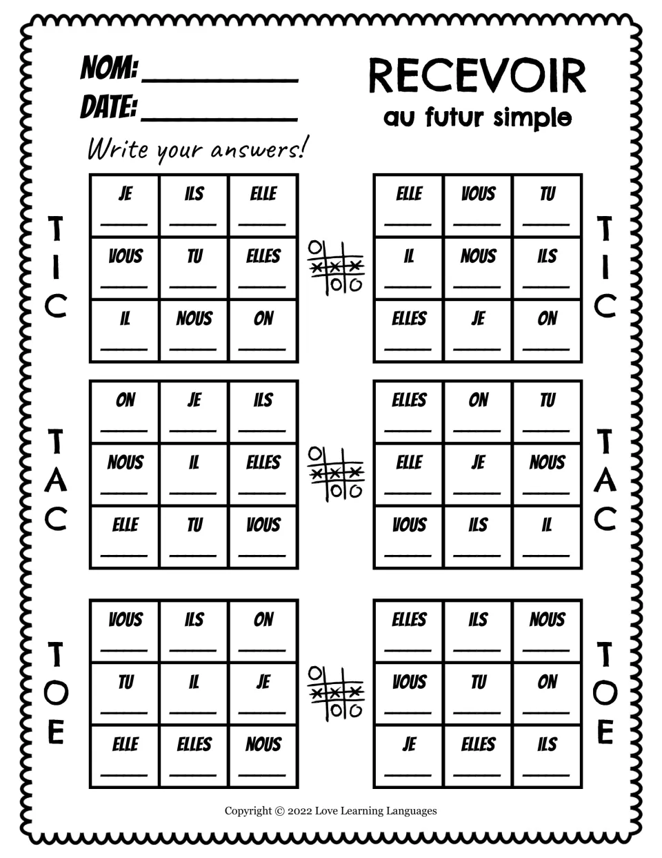 Recevoir in the futur simple: students write the conjugated verb under je, tu, nous and other pronouns on six game boards