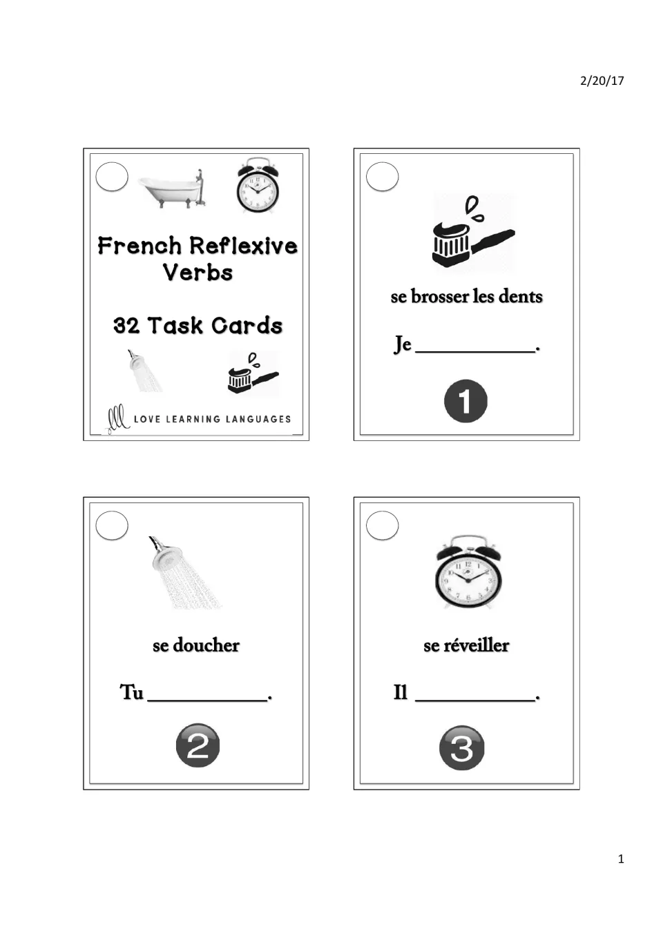 Title card for 32 French reflexive verb task cards; cards 1-3: conjugate se brosser les dents, se doucher, se réveiller