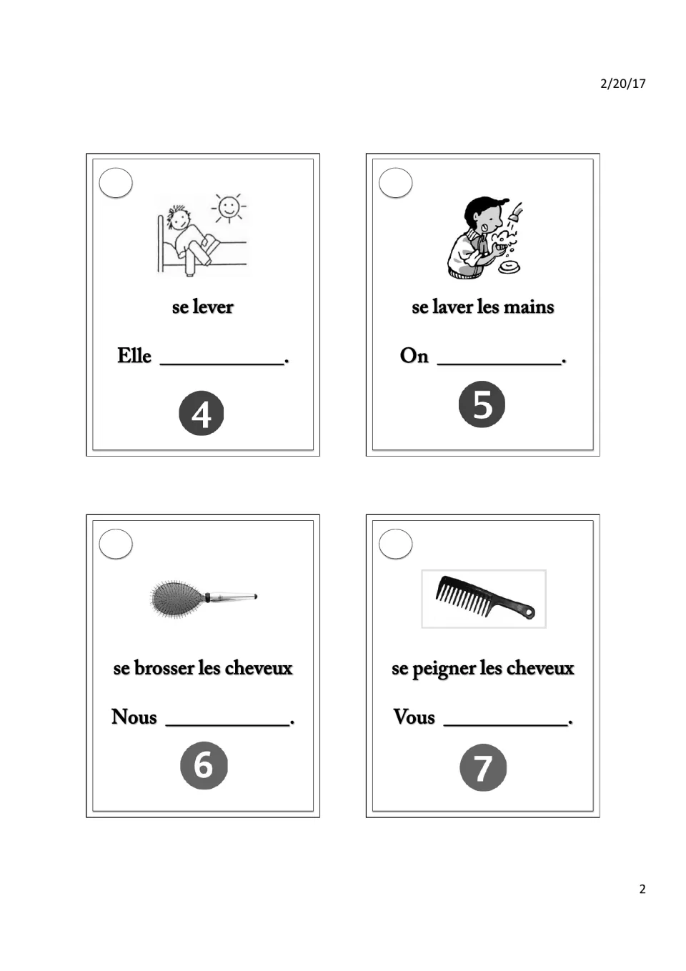 Reflexive verb cards 4-7: students conjugate se lever, se laver les mains, se brosser and se peigner les cheveux
