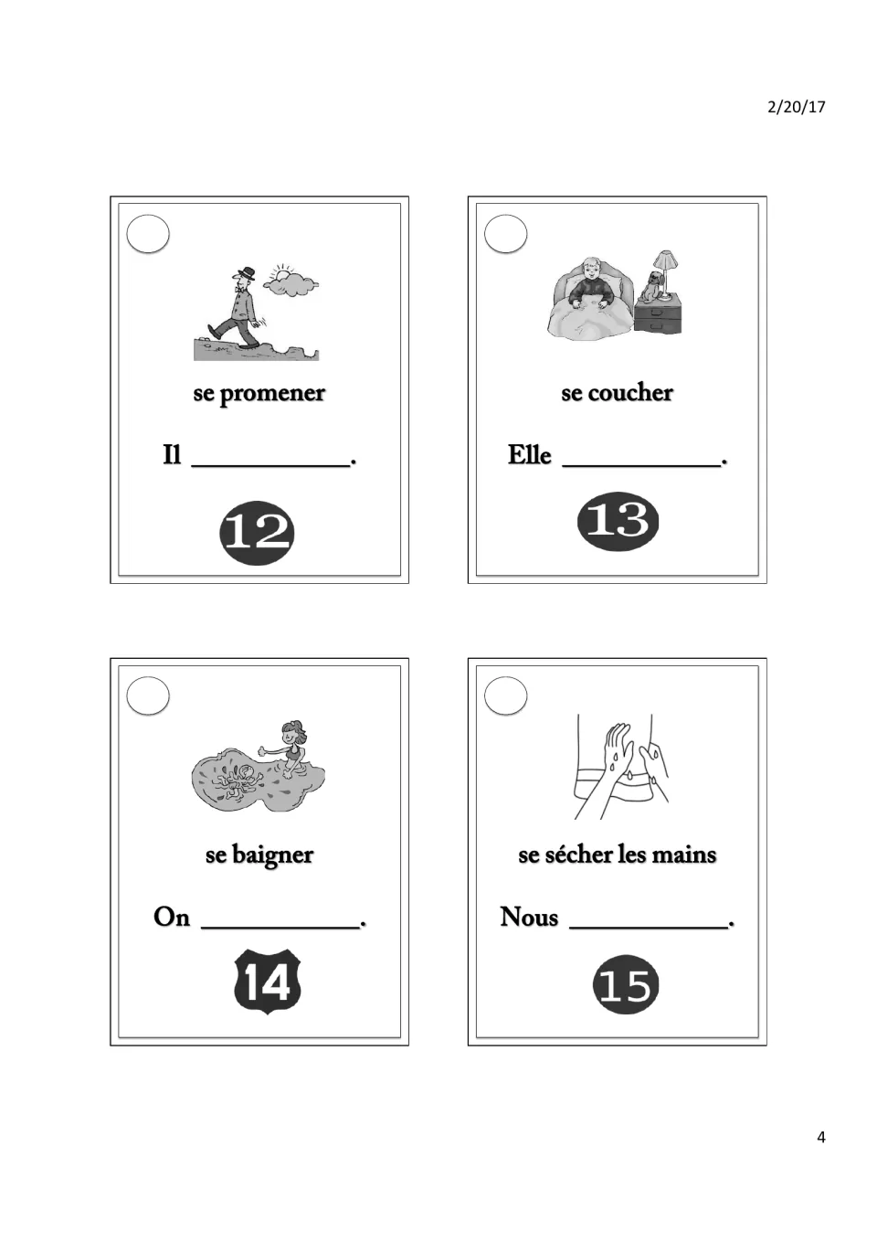 Reflexive verb cards 12-15: students conjugate se promener, se coucher, se baigner and se sécher les mains