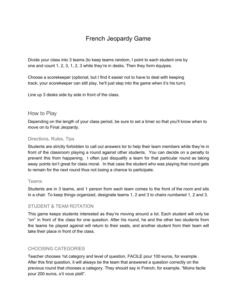 Teacher instructions for the French verb game: three-team setup, student rotation, and choosing categories.