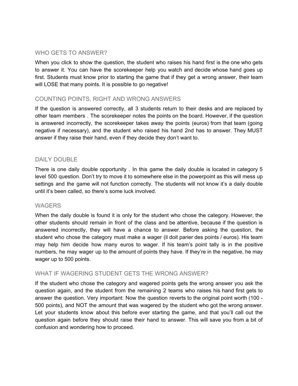 French game rules explain who answers, point deductions, the Daily Double, wagers, and incorrect answers.